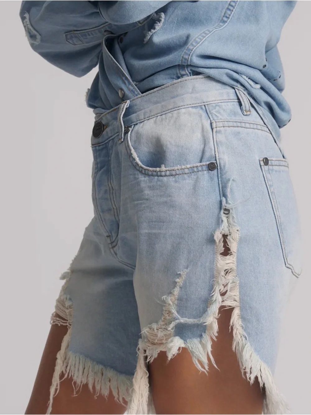 One Teaspoon Frankie Pale Blue Distressed V-Hem Denim Shorts